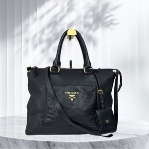 Prada Black Leather Handbag with Gold Details